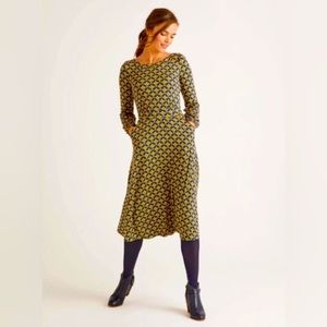 NWT Boden Sasha Printed Jersey Midi Dress Size 8 Regular Yellow Geometric Gray
